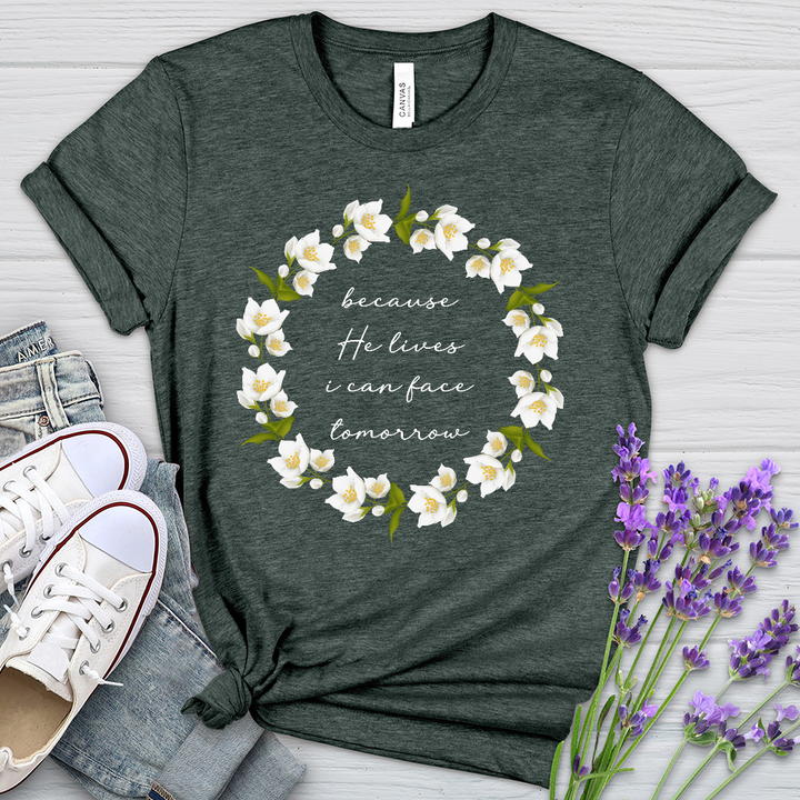 Because He Lives Wreath Heathered Tee