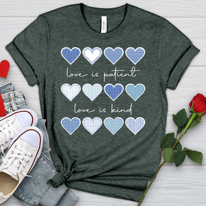 Love Is Patient Blue Hearts Heathered Tee