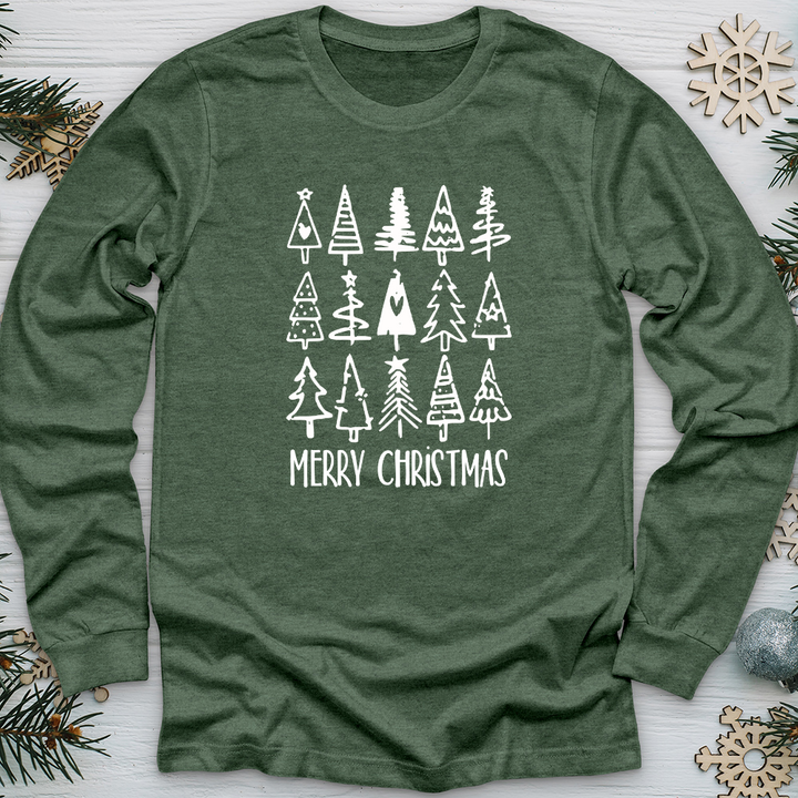 Merry Christmas Tree Pattern Long Sleeve Tee
