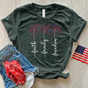 Faith Family Fireworks Art Heathered Tee