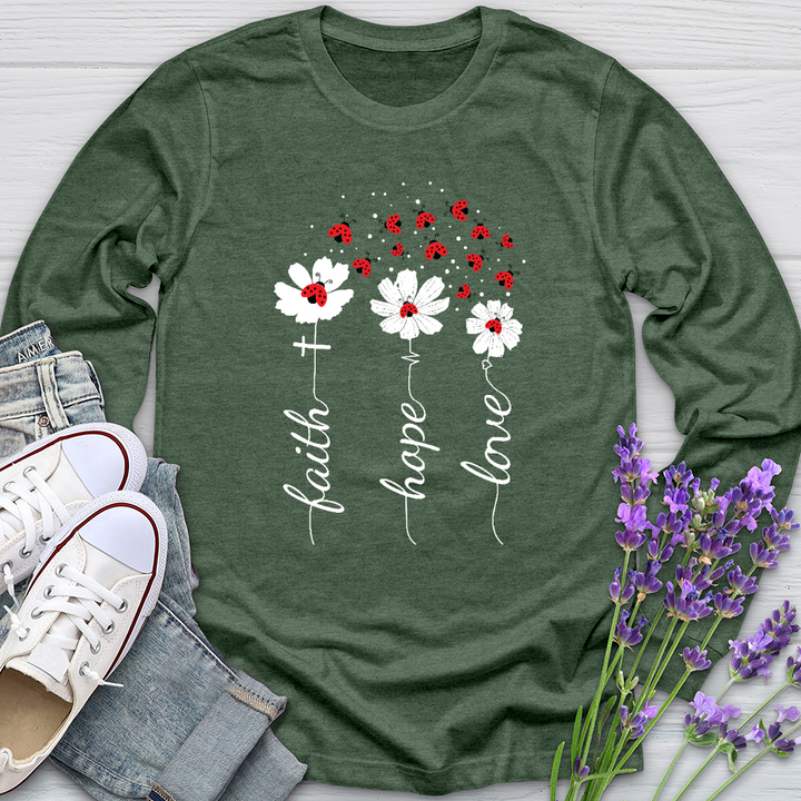 Faith Lady Bug Flowers Long Sleeve Tee