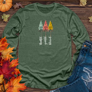 Retro Gratitude Trio Pine Trees Long Sleeve Tee