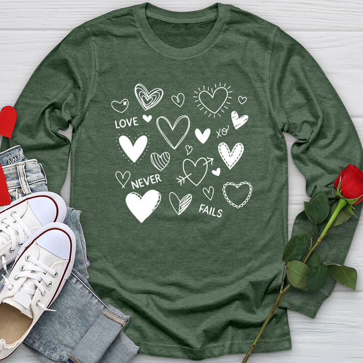 Love Never Fails Assorted Hearts Long Sleeve Tee
