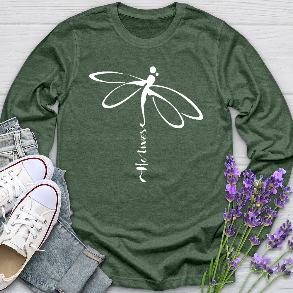 He Lives Dragonfly White Long Sleeve Tee