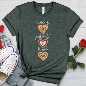 Love Is Patient Vertical Hearts Heathered Tee