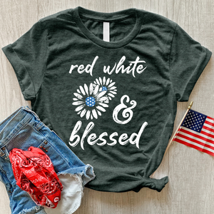 Red White Blessed Flowers Heathered Tee