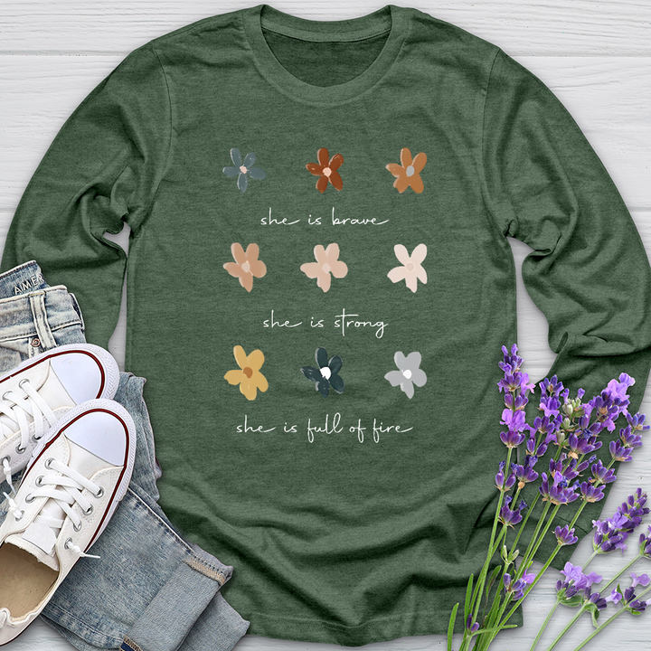 She Is Brave Flower Pattern  Long Sleeve Tee