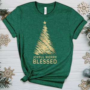 Joyful Merry Blessed Gold Tree Heathered Tee