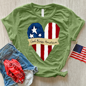 God Bless America Striped Heart Heathered Tee