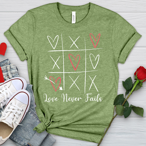 Love Never Fails Tic Tac Toe Heathered Tee