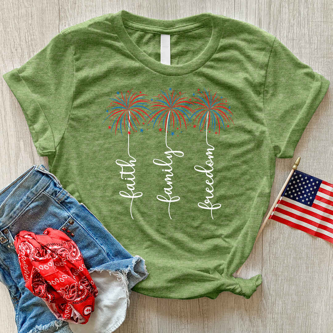 Faith Family Fireworks Art Heathered Tee