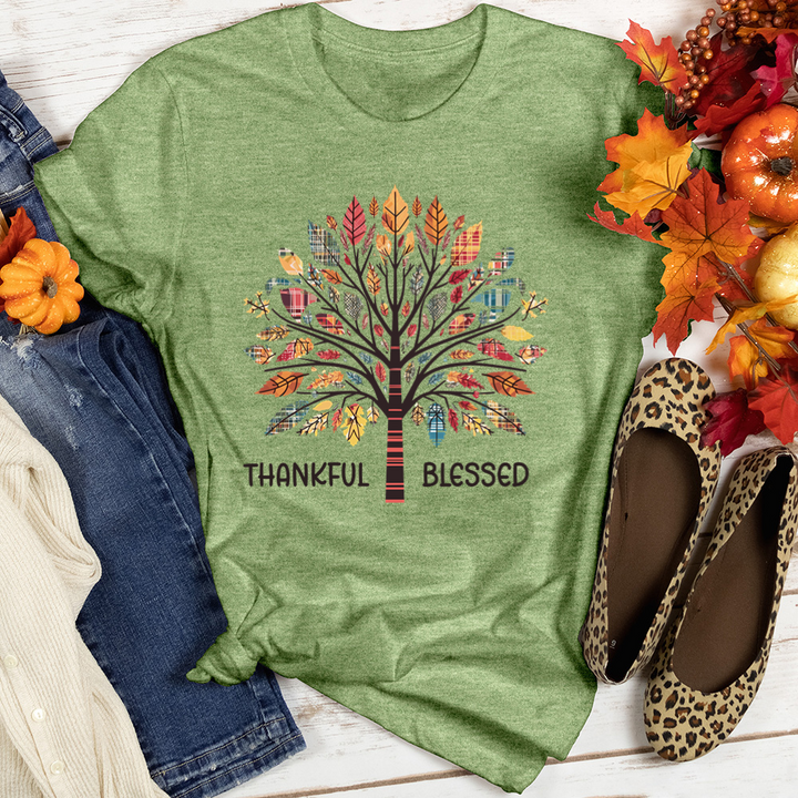 Thankful Blessed Tartan Fall Bouquet Tree Heathered Tee