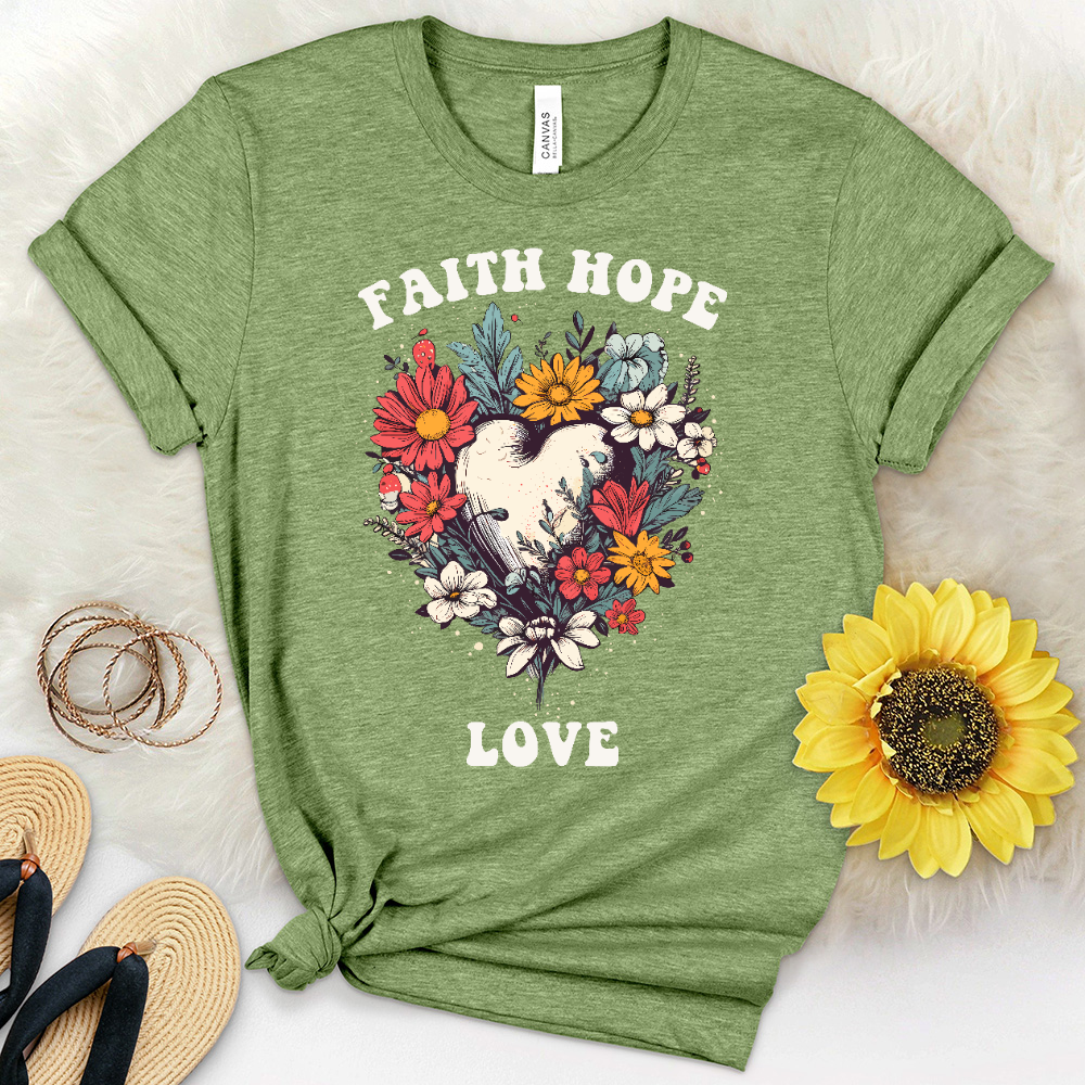 Faith Assorted Flowers Heart Heathered Tee