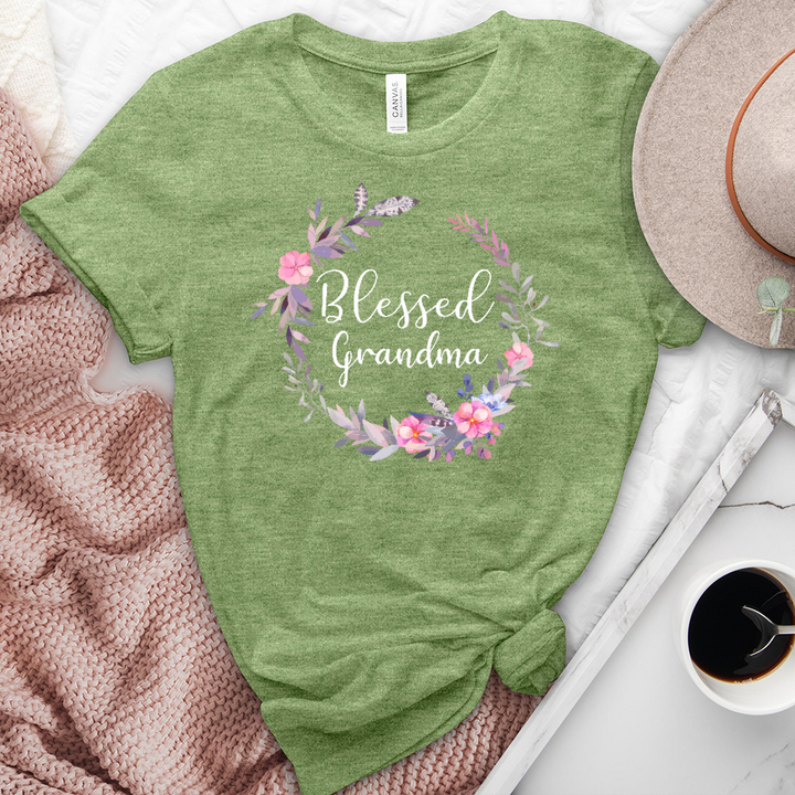 Blessed Grandma Pink Wreath Heathered Tee