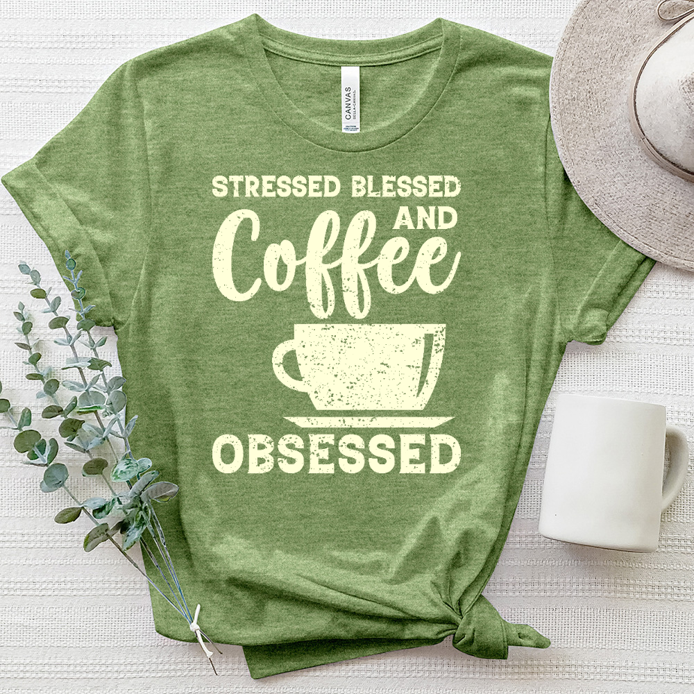 Stressed, Blessed and Coffee Obsessed Heathered Tee