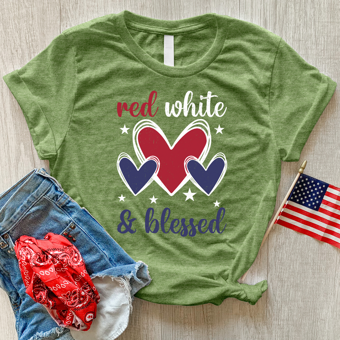 Red White Blessed Hearts Heathered Tee