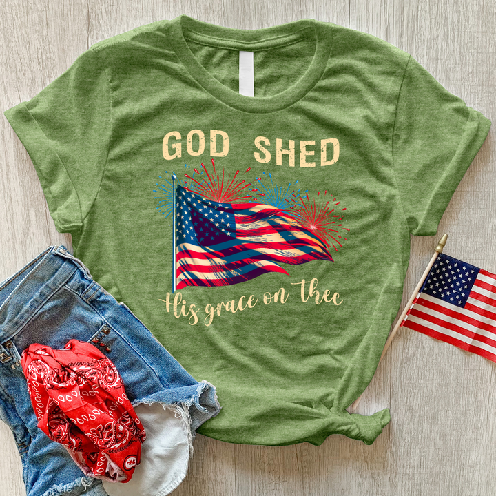 God Shed Fireworks Waving Flag Heathered Tee