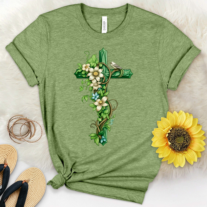 Green Cross Vines and Bird Heathered Tee