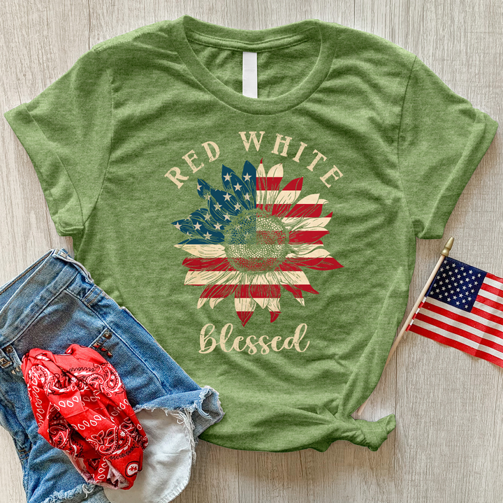 Red White Blessed Sunflower Heathered Tee