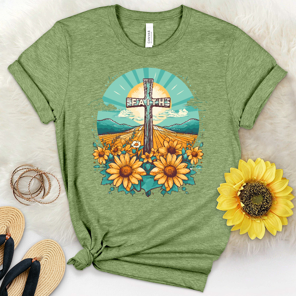 Faith Cross Sunflower Scene Heathered Tee