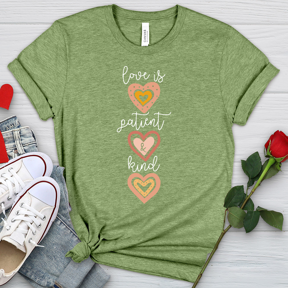 Love Is Patient Vertical Hearts Heathered Tee