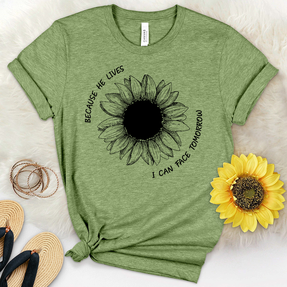 Because He Lives Faith Flower Heathered Tee