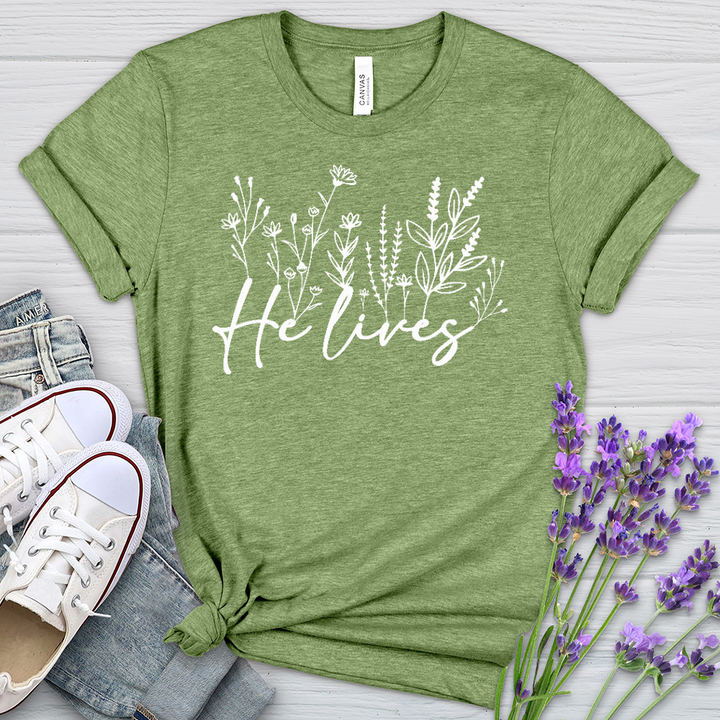 He Lives Wildflowers Heathered Tee