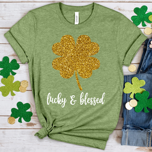 Lucky & Blessed Gold Glittery Shamrock Heathered Tee