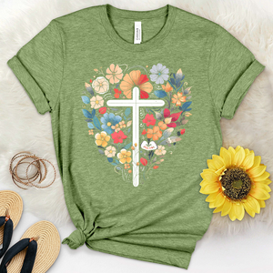 Simple Cross with Florals and Hearts Heathered Tee