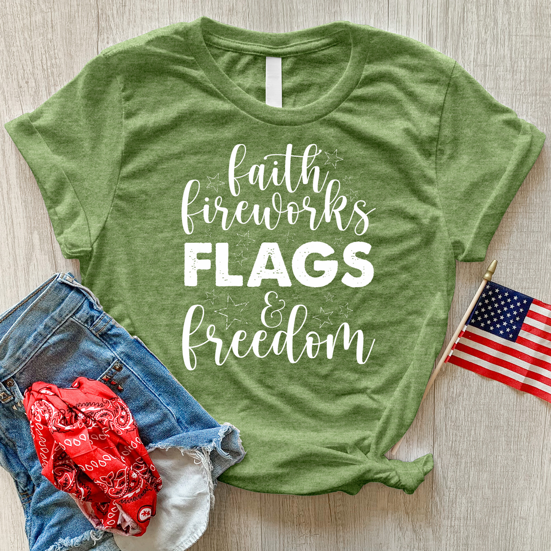 Faith Fireworks Flags & Freedom Heathered Tee