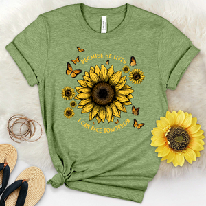 Because He Lives Sunflower Butterflies Heathered Tee