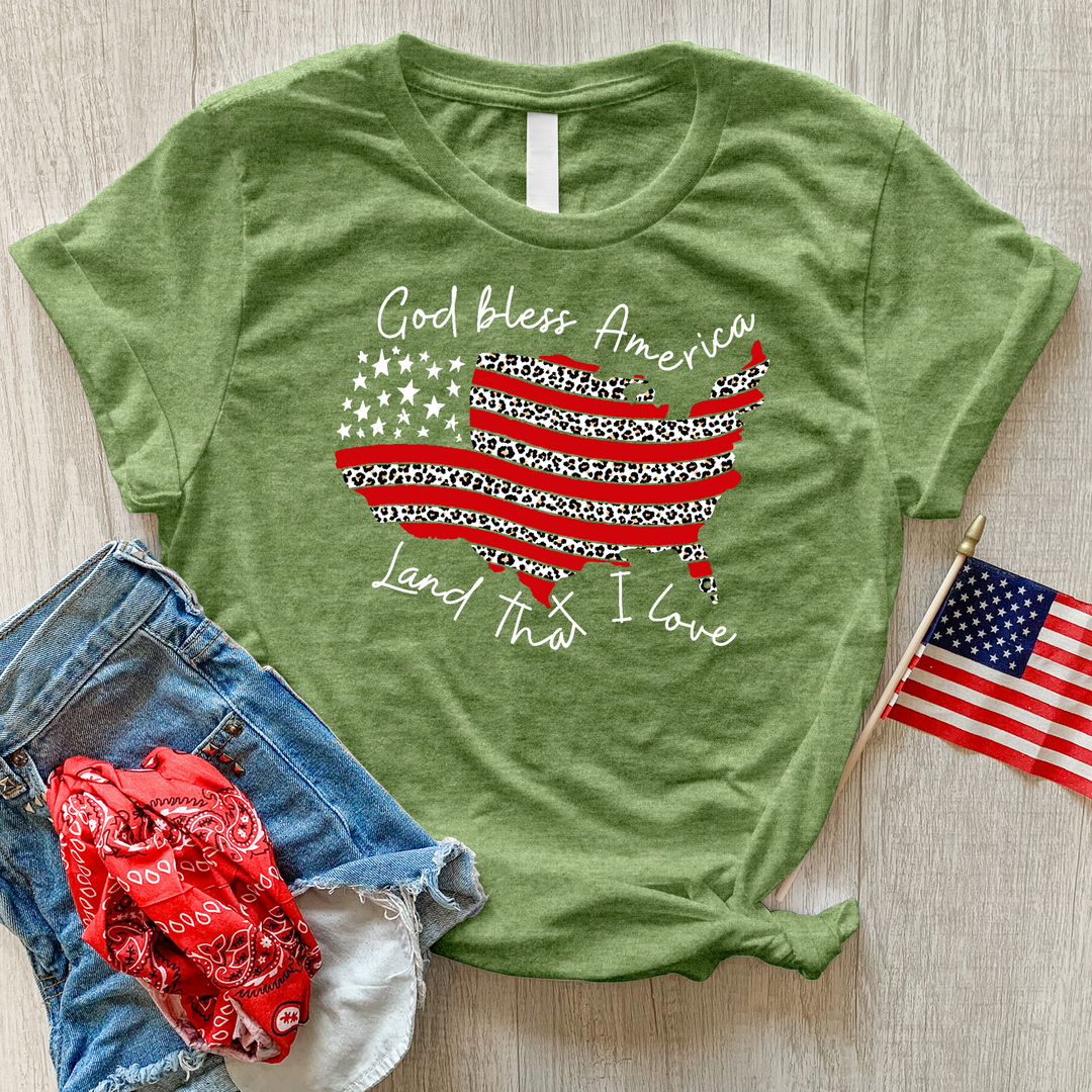 God Bless America Leopard Heathered Tee