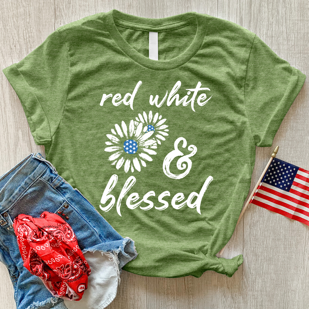 Red White Blessed Flowers Heathered Tee