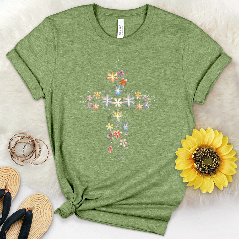 Blooming Flowers Cross Heathered Tee