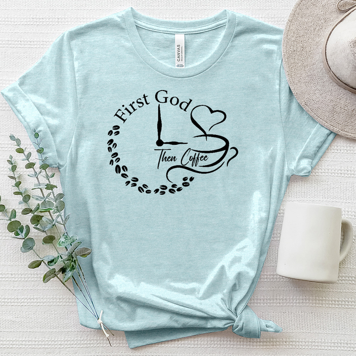 First God Then Coffee Clock Heathered Tee