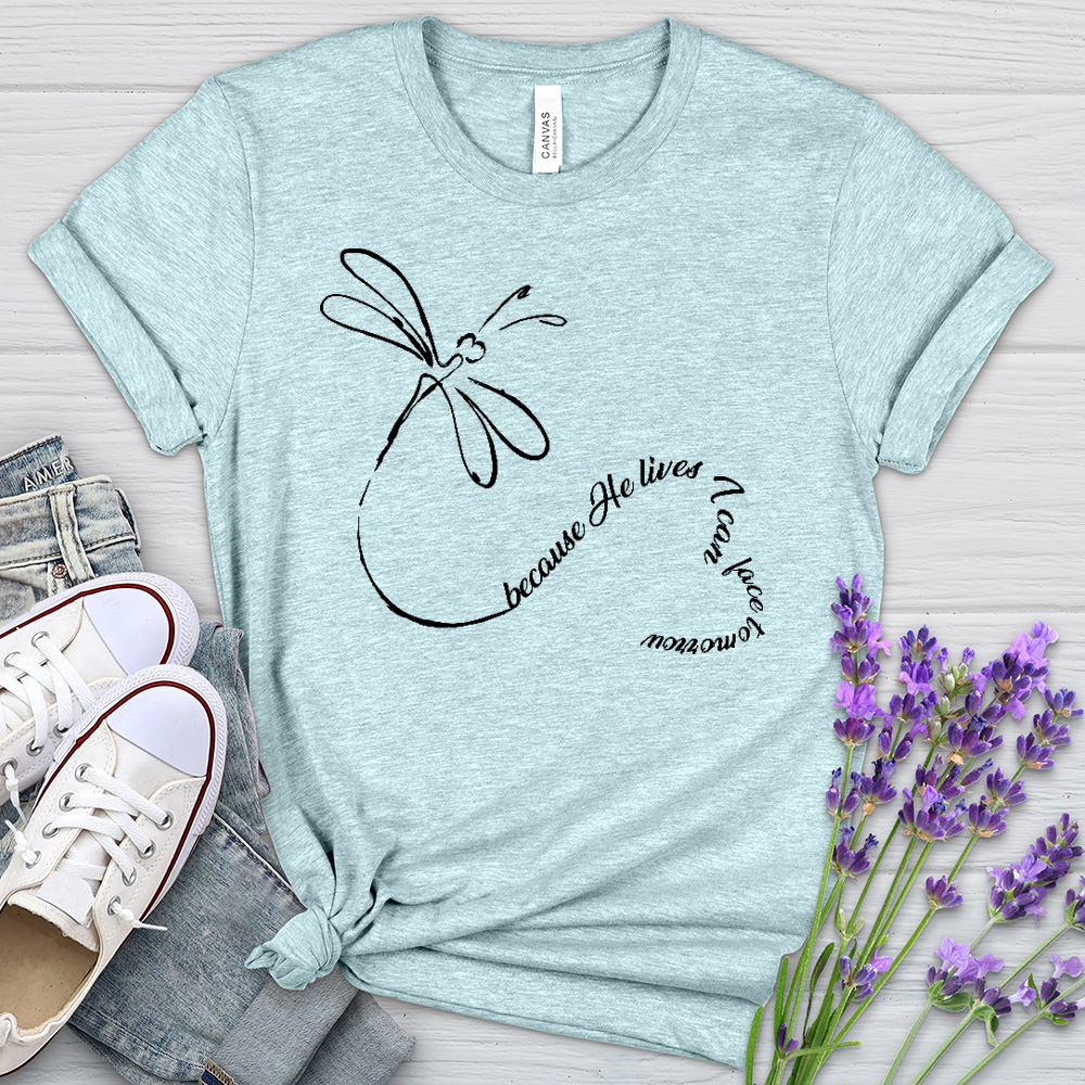 Because He Lives Dragonfly Heart Heathered Tee
