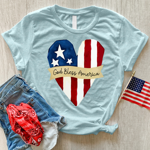 God Bless America Striped Heart Heathered Tee