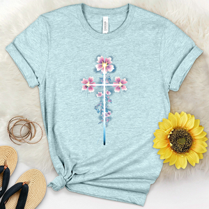 Pink Flowers Cross Heathered Tee