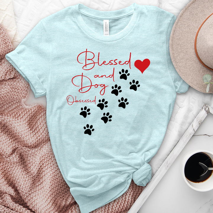 Blessed and Dod Obsessed Paw Print Heathered Tee