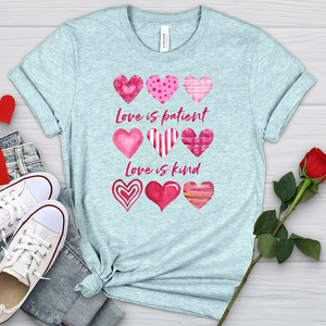 Pink Hearts Love Is Patient Heathered Tee