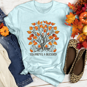 Vintage Gingham Leaf Blessings Heathered Tee