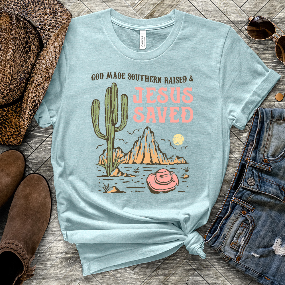 Southern Raised Jesus Saved Heathered Tee