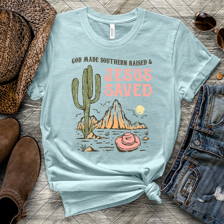 Southern Raised Jesus Saved Heathered Tee