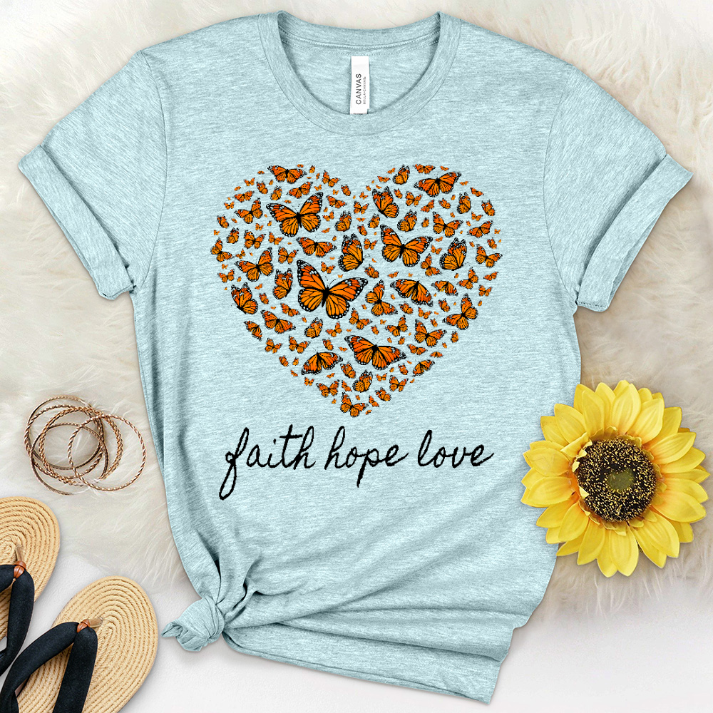Faith Hope Love Butterfly Heart Heathered Tee