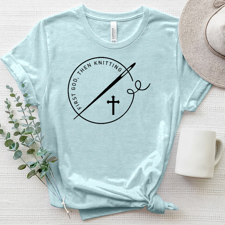 First God, Then Knitting Cross Heathered Tee