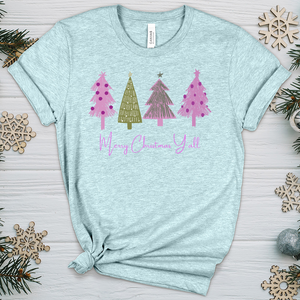 Merry Christmas Y'all Pink Trees Heathered Tee