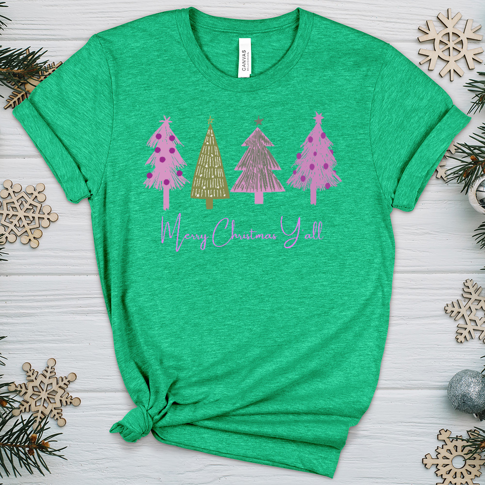 Merry Christmas Y'all Pink Trees Heathered Tee