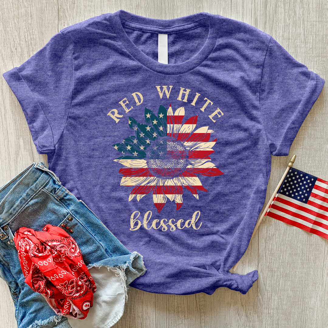 Red White Blessed Sunflower Heathered Tee