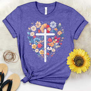 Simple Cross with Florals and Hearts Heathered Tee