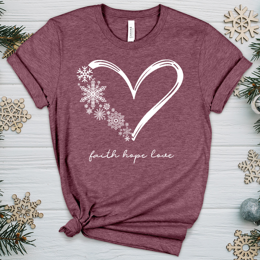 Snowflake Faith Hope Love Heart Heathered Tee